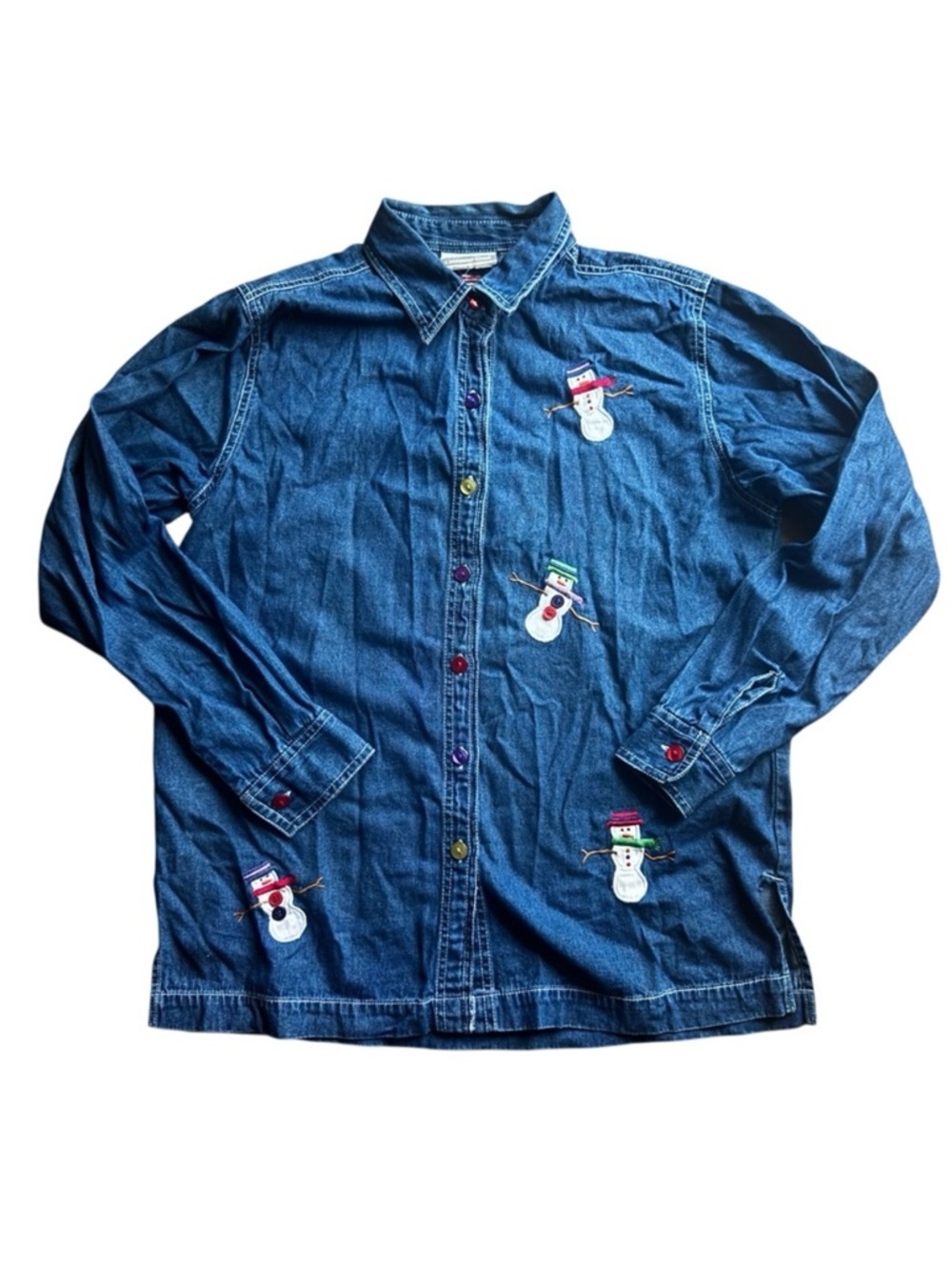 Vintage Coldwater Creek Denim Button Down Shirt Snowman Embroidered Top Size L